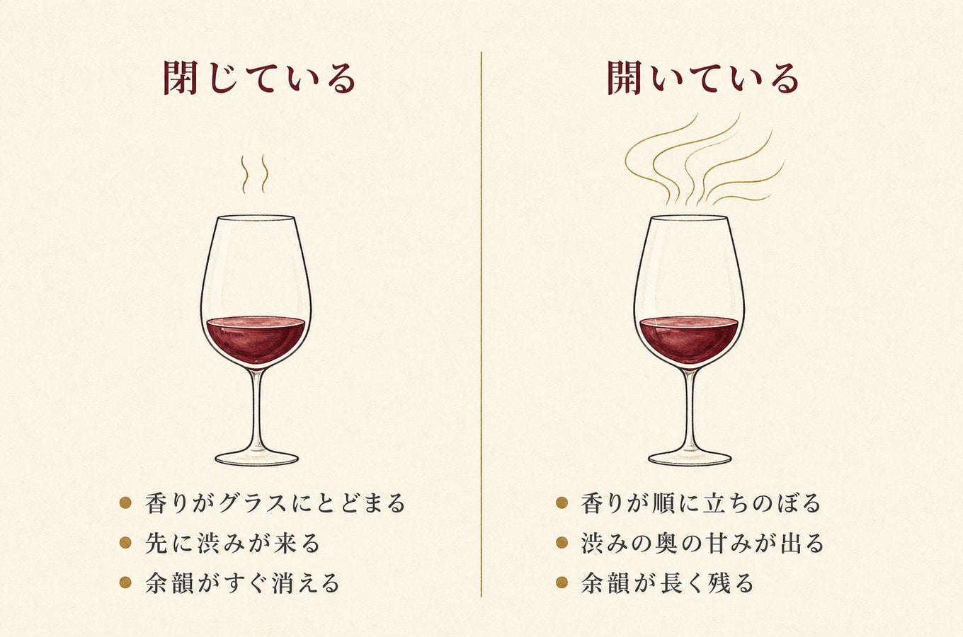 閉じているワインと開いたワインの違いの図解
