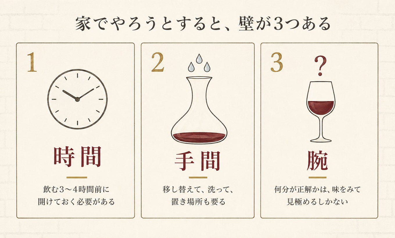 家でデカンタージュをする際の3つの壁（時間・手間・腕）の図解